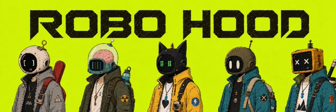 A promotional graphic featuring five characters with animal and robot-themed headgear standing in front of a bright yellow background, with the title 'ROBO HOOD' in bold black text.