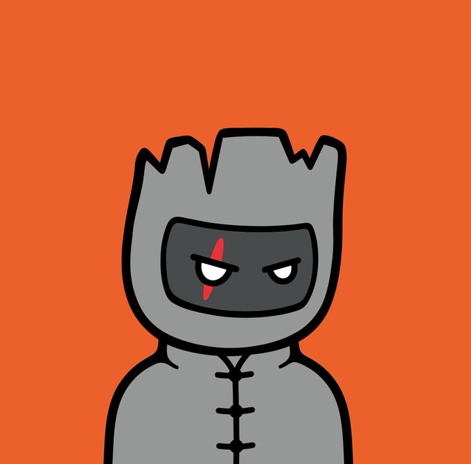 An illustration of an angry gray robot or knight character on an orange background.