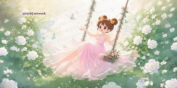 ikebana-inspired garden scene features a girl in pink dress, surrounded by white flowers and butterflies on a swing.