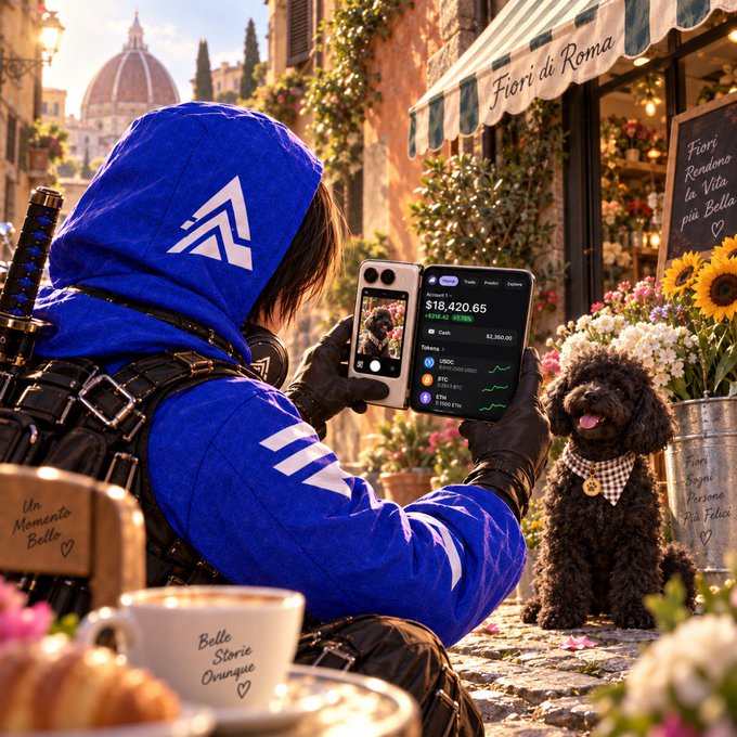 An AI-generated or stylized image of a person in a blue hoodie taking a photo with a smartphone of a black poodle wearing a checkered bow tie at a flower shop called "Fiori di Roma" set in an Italian-style street.