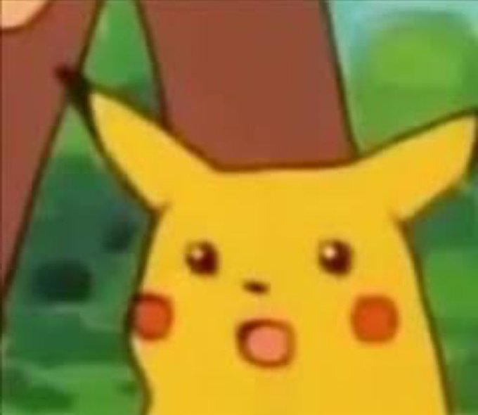 A close-up of Pikachu from the Pokémon anime with a surprised expression, mouth open and red cheeks showing.
