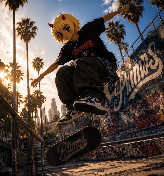 An anime-style character with blonde hair, red horns, and a black 'SLASHER' t-shirt performs a skateboard trick mid-air at sunset in front of a graffiti wall that reads 'Primos'.