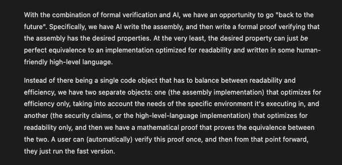 The image displays a block of white text on a black background discussing the combination of formal verification and AI for smart contract development. The text explains a design pattern where AI writes assembly code optimized for efficiency, while a separate human-readable high-level language implementation serves as the specification, with a formal proof mathematically verifying equivalence between the two—attributed to work by Yoichi Hirai, Vitalik Buterin, and leonardoalt as mentioned in the accompanying post.