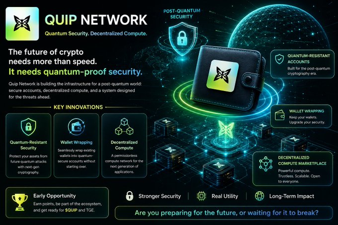 The image shows a dark green background with a lot of white text, which says "Quip Network". The title reads "Quip Network", followed by an explanation about a network that connects different aspects such as quantum security, computing, wallet services, key innovations, and real-time access to markets. It also mentions the future of crypto and how it needs more than speed but also requires more than mere speed for security. In addition to this, it highlights the importance of understanding threats before they become mainstream panic or disrupt businesses.