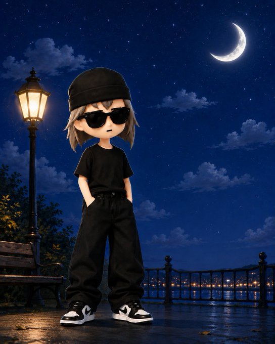 A 3D cartoon character in all-black clothing, beanie, and sunglasses standing under a crescent moon near a lamppost by a waterfront at night.