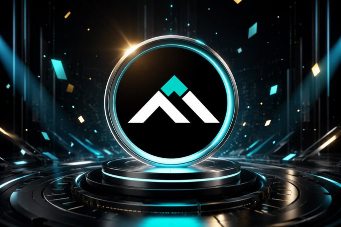 A circular logo with a stylized mountain/chevron symbol in white and teal, presented on a futuristic metallic pedestal with glowing effects.