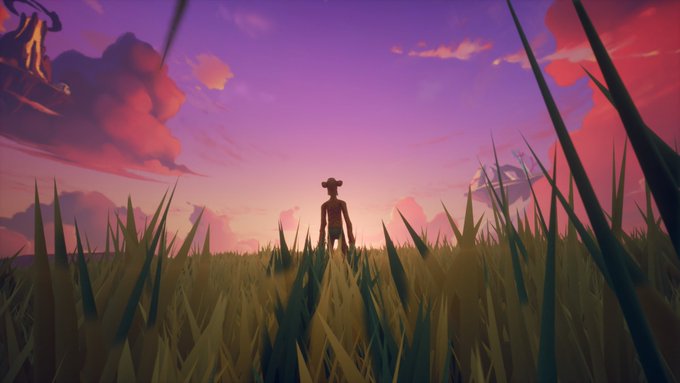 A silhouetted figure in a cowboy hat stands in a grassy field against a vibrant pink and purple sunset sky, with floating landmasses visible in the background, capturing the dreamlike and expansive aesthetic of the OthersideMeta virtual world.