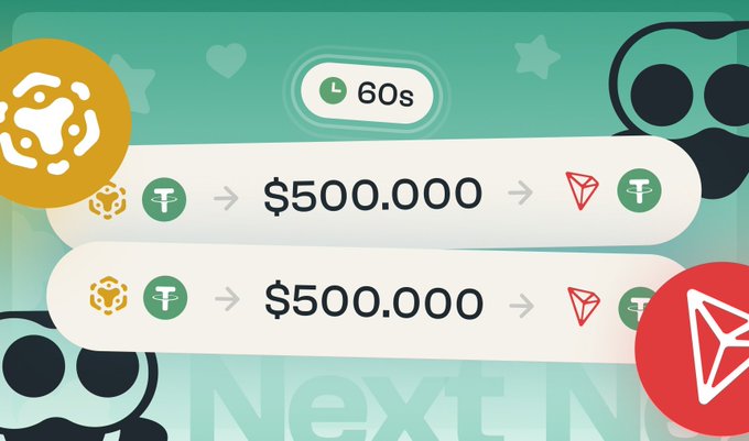 A digital graphic illustrating a streamlined cross-chain transaction process, showing a "60s" timer and two parallel pathways converting BNB and Tether (USDT) tokens to TRON (TRX) with $500.000 amounts. The "Next" branding and icons for BNB, Tether, and TRON (Telegram logo) visually reinforce the post's message about simplifying cross-chain liquidity transfers between ecosystems without needing centralized exchanges.