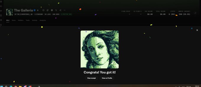 A dark-themed NFT marketplace interface titled 'The Galleria' showing a profile with the username 'THE_FLOWERED_X' and a message 'Congrats! You got it!' alongside a pixelated portrait avatar.