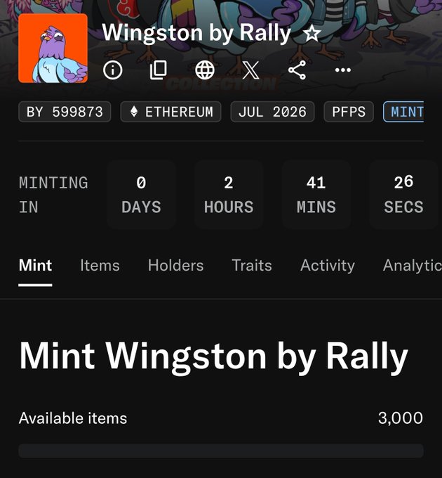 A mobile app screenshot for minting an NFT called 'Wingston by Rally' on Ethereum.