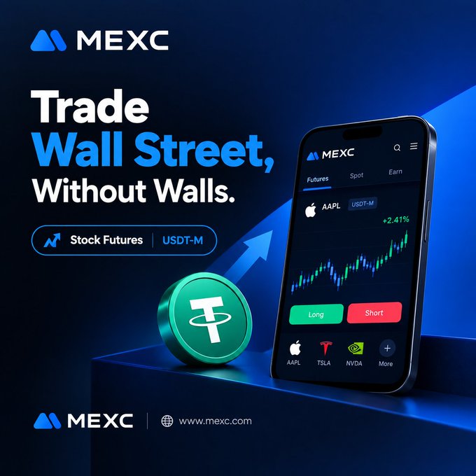 An advertisement for MEXC exchange with the text 'Trade Wall Street, Without Walls', showing a smartphone displaying stock futures for AAPL, TSLA, and NVDA alongside a USDT coin.