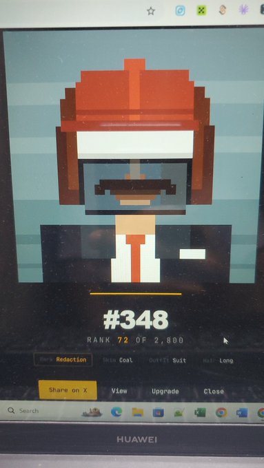 A pixel-art avatar on the Redacted (Redacted) marketplace showing a character in a red cap, sunglasses, suit, and tie, ranked #348 with rank 72 of 2,800, displayed on a HUAWEI screen.