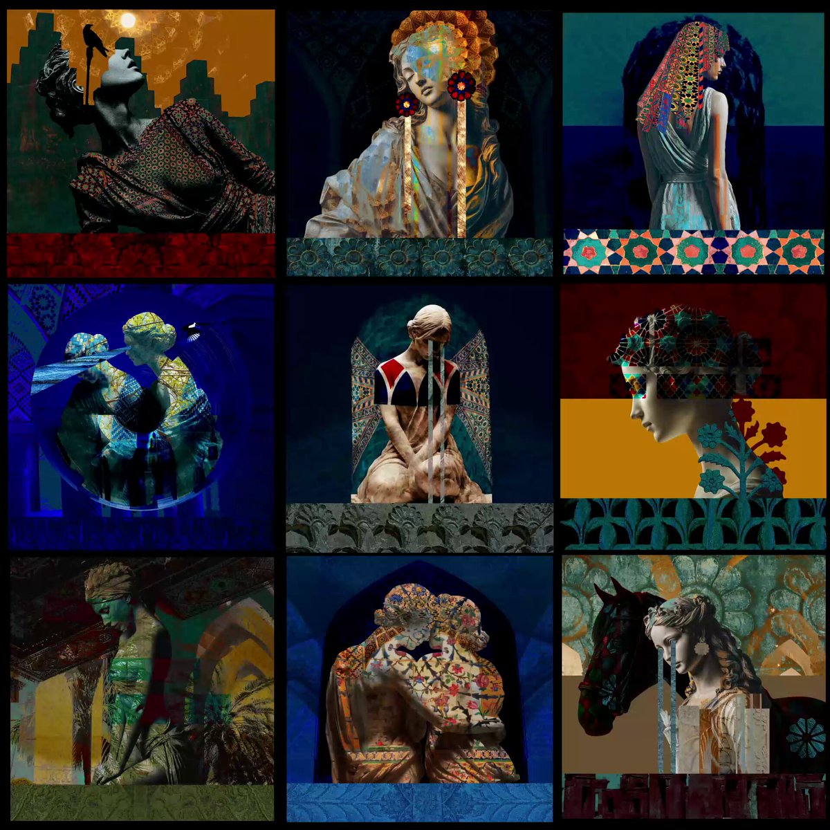 The image features an art collection of nine distinct pieces, each with its own unique style and theme. The artwork includes various portraits of women, some wearing headpieces or headscarves that add a touch of elegance and sophistication to their appearance. These images are displayed in a grid format on the poster, showcasing the diversity and creativity of the artist's work.