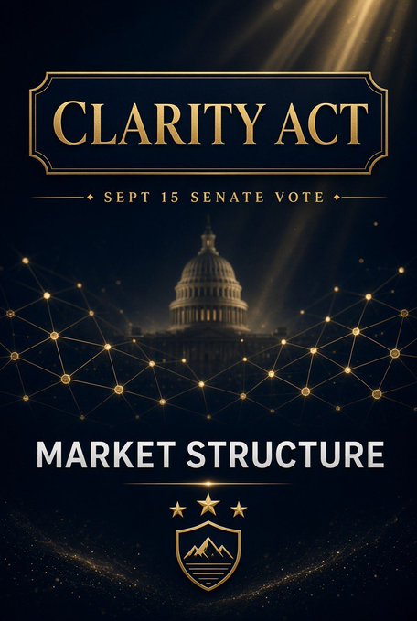 A promotional poster for the "CLARITY ACT" announcing a "SEPT 15 SENATE VOTE" focused on "MARKET STRUCTURE," featuring the U.S. Capitol dome set against a dark background with a gold-lit digital network overlay, directly supporting the post's announcement of the September 15 procedural vote on the Digital Asset Market Structure bill championed by Senator Cynthia Lummis.