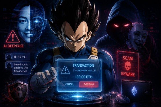 Anime-style artwork warns about crypto scams featuring AI deepfakes, a 'TRANSACTION TO UNKNOWN WALLET' prompt for 100.00 ETH, and hooded scammers.