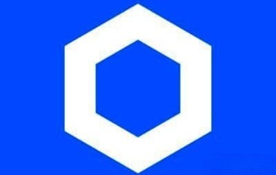A white hexagon logo on a blue background (Chainlink LINK cryptocurrency logo).