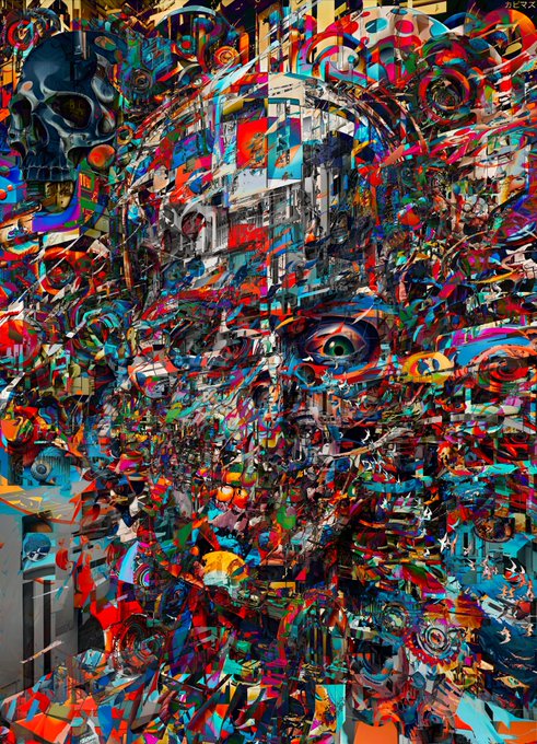 A highly detailed, colorful digital artwork presents a fragmented, mosaic-like face composed of numerous small images, mechanical parts, and abstract shapes, with Japanese text in the upper right corner.
