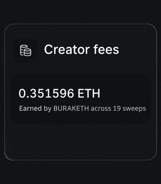 A dark-themed dashboard card displays "Creator fees" of 0.351596 ETH earned by BURAKETH across 19 sweeps. The image illustrates the creator earnings from the $ETH trading strategy mentioned in the post, showing the profits generated from the Pons token launch inefficiency.