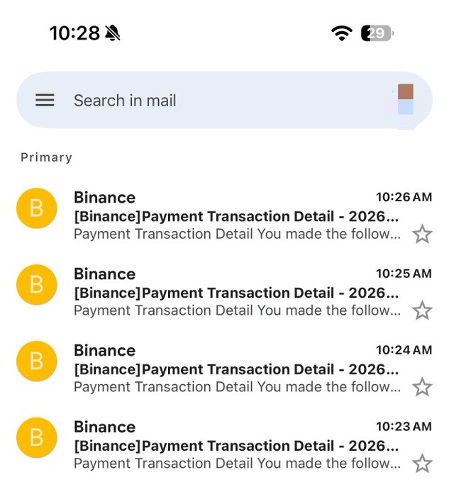 A mobile email inbox shows multiple Binance '[Binance]Payment Transaction Detail - 2026...' emails received between 10:23 AM and 10:26 AM.