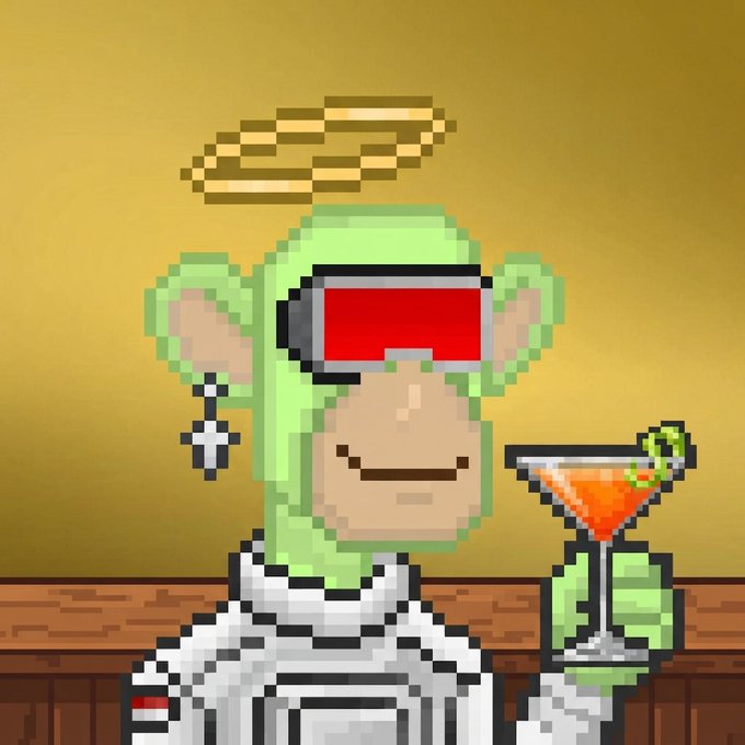 A pixel-art image of a green monkey wearing a red VR headset, an earring, and a white outfit, holding a martini glass with a lime, and sporting a golden halo above its head.