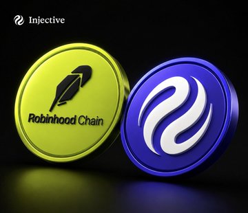 A promotional image showing two large coins for Robinhood Chain (yellow, with feather logo) and Injective (purple/blue), set against a dark background.