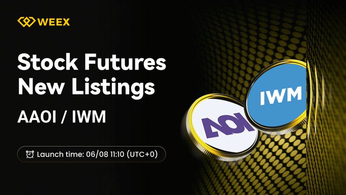 The image features a poster for an event related to stock trading, specifically discussing new listings of companies like AAOI and IWM. The poster has two circles with different colors - one blue and one white. The text on the poster announces that there is a new listing alert for AAOI and IWM on WEEX! Listing Time:Jun. 8, 2026, 11:10 Register Instantly Here: weex.com/help/articles/  #WEEXListing".