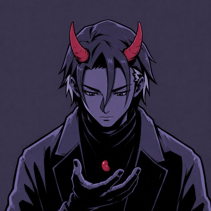 An anime-style digital illustration of a dark-haired character with red demon horns holding a small red object in their hand.