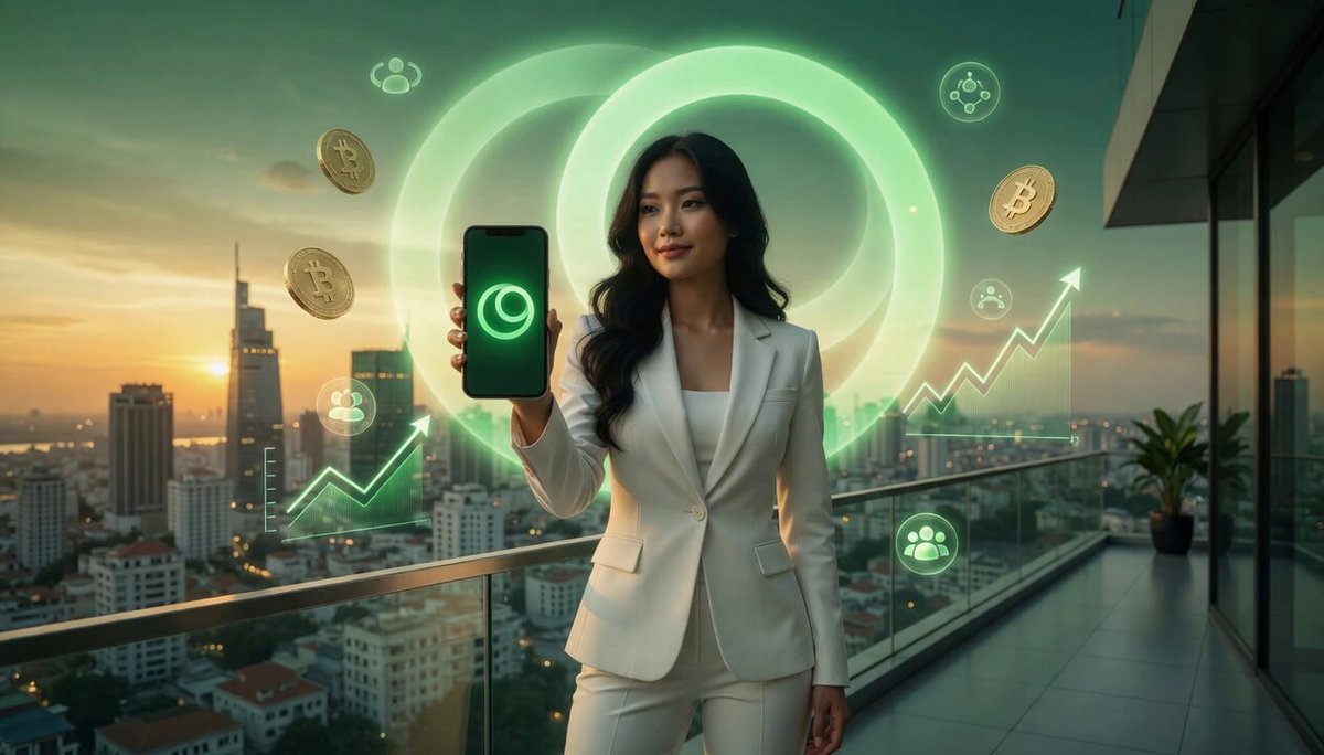 The image features a woman standing next to a city skyline with her phone held up for all to see. The cityscape includes buildings of various sizes and designs, creating an urban backdrop for the scene. The woman appears to be dressed in business attire, possibly a suit or a white dress, which contrasts with the modern architecture around her. She is holding her phone up high, displaying its screen that shows a green circle with a logo inside it. The image also contains text that reads "mid-week grind has been intense, but @KoloHub continues to make everything feel effortless. whether it's grabbing a quick coffee before meetings, paying for lunch, or taking grab rides across town ... one tap and it's done".