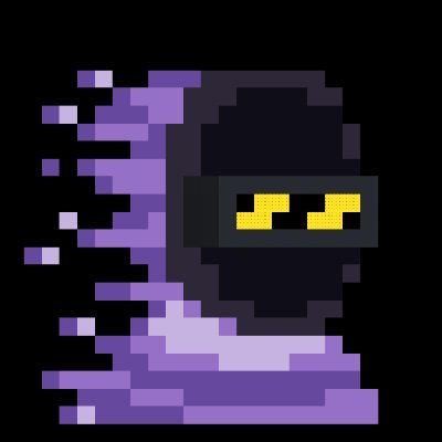 A pixel art graphic depicting a purple ninja character running quickly to the right, leaving a pixelated motion trail against a black background.