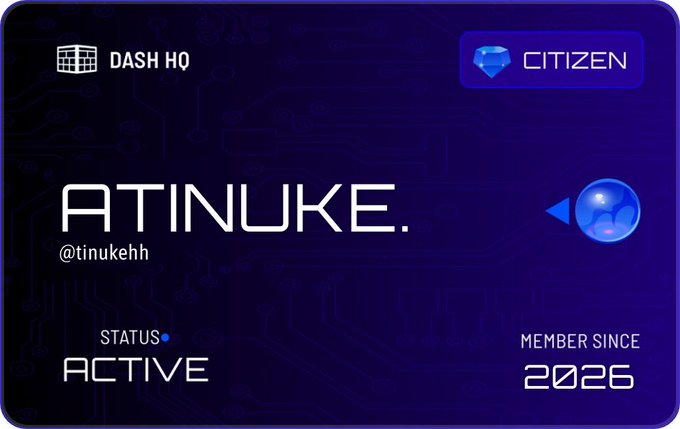 A digital membership card for "ATINUKE" (@tinukehh) on the DASH HQ platform, displaying "CITIZEN" tier status with a blue diamond badge, an "ACTIVE" status, and a member since date of 2026. The card's "CITIZEN" designation and DASH HQ branding visually confirm the post's "Certified Citizen!" achievement.