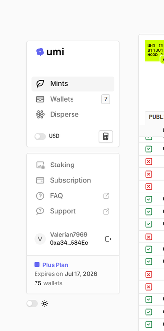 A user interface screenshot of the Umi platform showing a menu with options for Mints, Wallets (7), Disperse, Staking, Subscription, FAQ, and Support, along with a Plus Plan expiring on Jul 17, 2026.