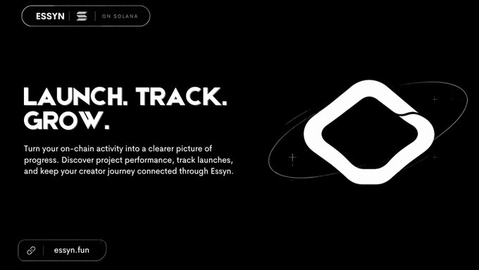A dark promotional graphic for 'ESSYN' on Solana with the tagline 'LAUNCH. TRACK. GROW.' describing it as a tool to track on-chain activity, with the website essyn.fun.