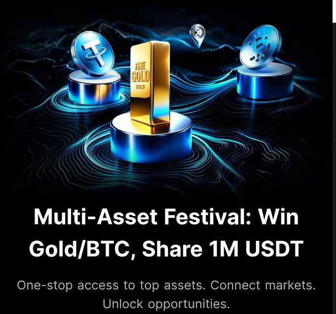 A promotional graphic advertises a 'Multi-Asset Festival: Win Gold/BTC, Share 1M USDT', showing glowing 3D renderings of gold bars and cryptocurrency coins against a dark, wavy background.