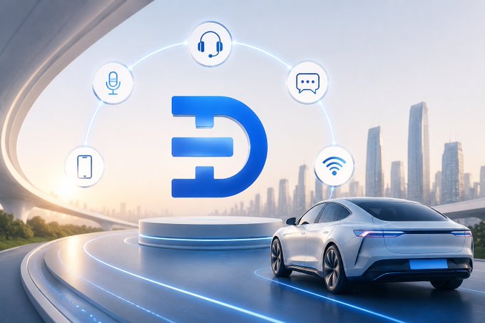 A futuristic promotional graphic showing a blue 'D' logo connected to icons for headphones, microphone, messaging, mobile, and WiFi, with a white electric car and city skyline in the background.