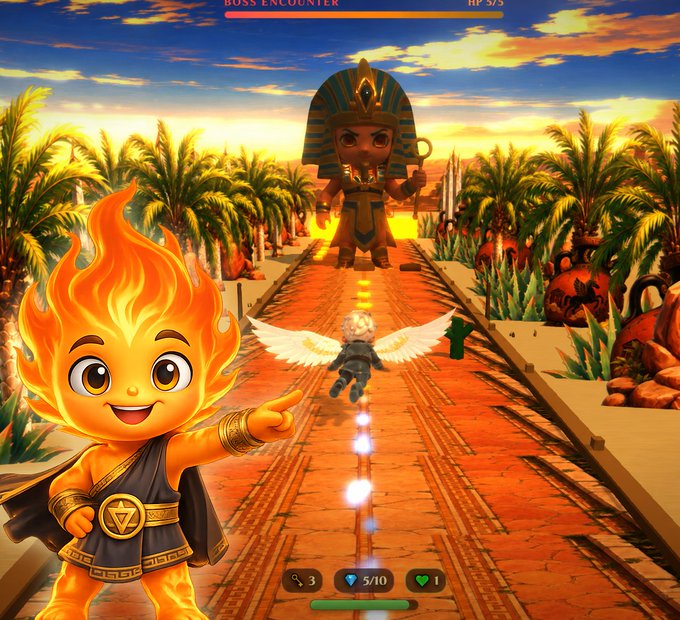 A fiery flame character points toward a winged player racing down an Egyptian-themed path toward a giant pharaoh boss, with a "BOSS ENCOUNTER" health bar showing "HP 5/5" and gameplay stats displaying "3, 5/10, 1" at the bottom. The image illustrates the $PYR promotional message about active players earning Shards and climbing leaderboards in this action-packed mobile game, urging viewers to join in on the excitement.