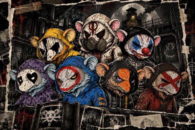 Dark stylized illustration of seven hooded teddy bear figures with menacing clown-like masks and creepy faces arranged in a group portrait.