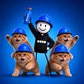 Digital illustration showing the character Hackerman wearing a blue cap, standing behind four Shiba Inu dogs also wearing matching blue caps against a blue background.