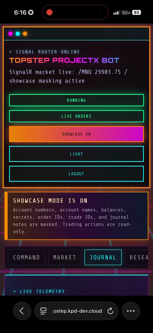 Mobile screenshot of 'TOPSTEP PROJECTX BOT' interface showing SignalR market live /MNQ 29903.75, with Running, Live Orders, Showcase On, Light, and Logout buttons; Showcase Mode is ON with masking active.