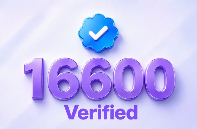 A purple 3D-styled graphic displays the number "16600" with "Verified" written below it, topped by a blue cloud icon containing a white checkmark.