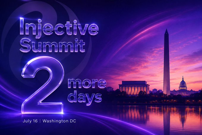 Promotional graphic for the Injective Summit in Washington DC on July 16, counting down 2 more days with a purple-lit view of the Washington Monument and Lincoln Memorial.