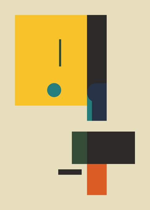 An abstract, minimalist geometric composition featuring rectangular blocks and simple shapes in yellow, black, teal, green, and orange on a light cream background.