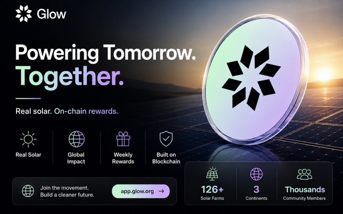 A promotional banner for 'Glow' with the tagline 'Powering Tomorrow. Together.' advertising real solar on-chain rewards, highlighting features like Global Impact, Weekly Rewards, and Blockchain security with stats showing 126+ solar farms across 3 continents.