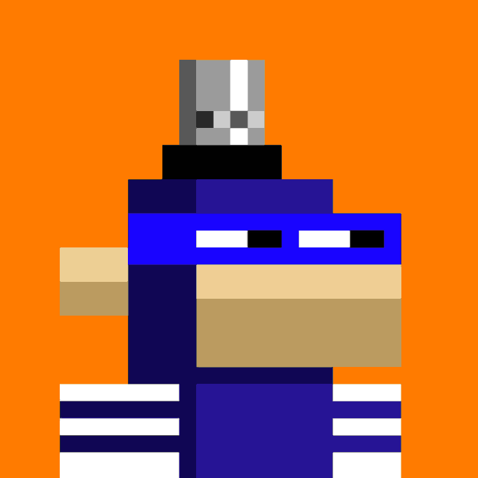 A minimalist pixel art image depicting an abstract figure or object composed of blue, tan, white, and black rectangular blocks, with a small gray structure on top, against a solid orange background.