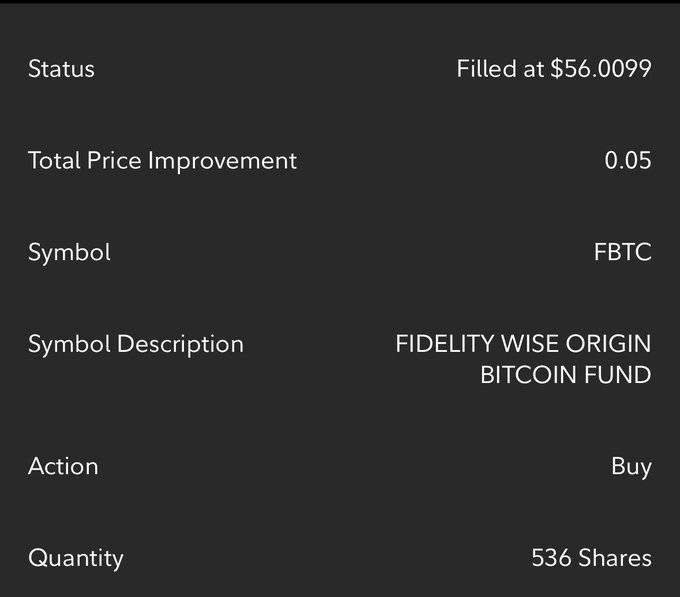 A stock purchase confirmation for 536 shares of Fidelity Wise Origin Bitcoin Fund (FBTC) filled at $56.0099, representing another Bitcoin accumulation move that bypasses MicroStrategy's Michael Saylor in favor of direct cold storage holdings.