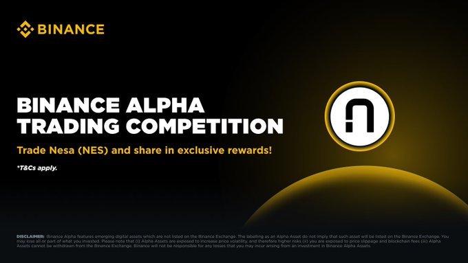 A Binance promotional banner for the "Binance Alpha Trading Competition" featuring the NES token logo, advertising $200K in rewards for trading Nesa (NES), with a Rising Trader Boost offering a 1.2x multiplier for qualified participants.