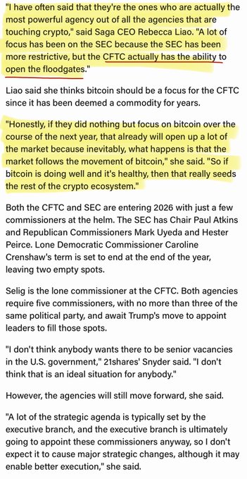The image shows highlighted excerpts from an article about regulatory discussions on crypto, featuring quotes from Saga CEO Rebecca Liao and Commissioner Selig on the SEC and CFTC's focus on bitcoin, with the post emphasizing Liao's claim that "The CFTC actually has the ability to open the floodgates."