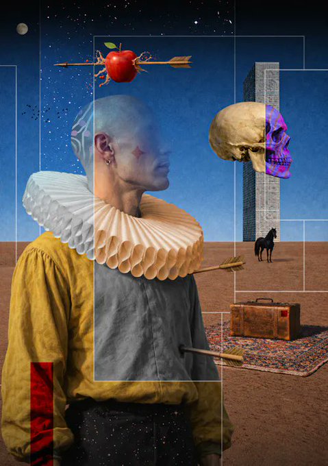 The image features a surrealistic painting of a man wearing a ruffled collar, holding an apple with a bow on top, surrounded by various objects such as a horse, suitcase, and skull. The background includes a blue sky and stars, creating a dreamlike atmosphere. The caption to the post reads "✧ The Moment Before Leaving ✧" which is likely a reference to the surrealistic style of the painting or an artistic concept within the image.