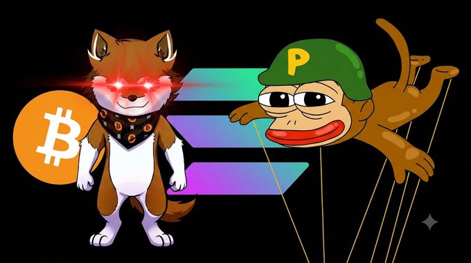 A cartoon image featuring a fox-like character with glowing red laser eyes standing next to a Bitcoin symbol on the left, and a cartoon monkey wearing a green hat with a "P" on the right, set against a Solana logo background.