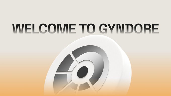 A welcome screen displaying 'WELCOME TO GYNDORE' with a 3D metallic circular logo against a white and orange gradient background.