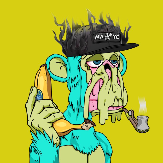 The image features a cartoon monkey with a banana in its hand, holding a pipe and smoking something that appears to be a joint or a cigar. The background of the image is yellow, which contrasts with the blue color of the monkey's fur. There are also some words visible on the image, including "Happy mutant Monday".